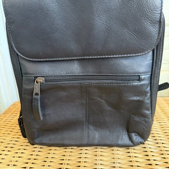 Clava Black Leather Backpack Medium Adjustable Straps Front Zip Pocket Durable D - Picture 4 of 11